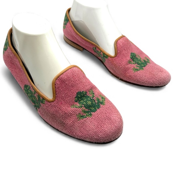 Stubbs & Wootton Pink Green Frog Needlepoint Loafer ballet Flat Shoes 9 Womens - Picture 15 of 15